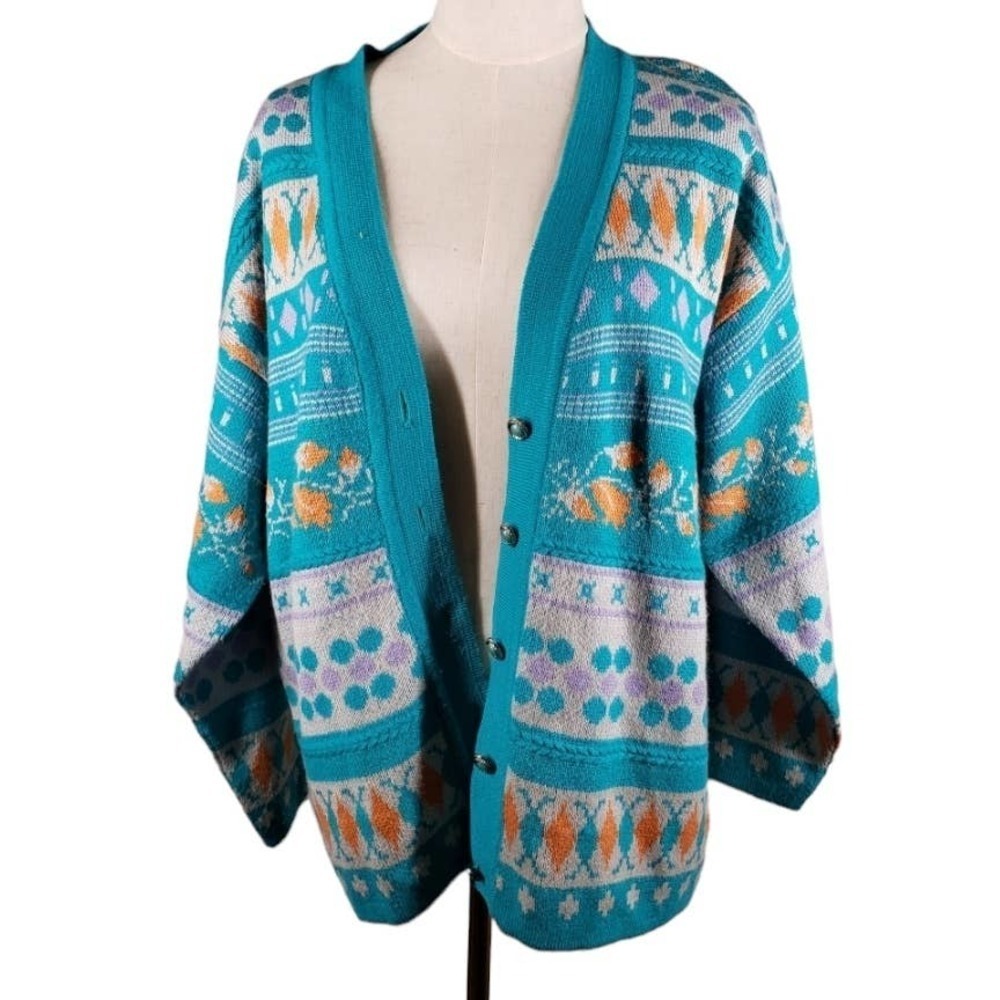 Vintage Cardigan Sweater S M Teal Blue Orange Mod‎ Print Button